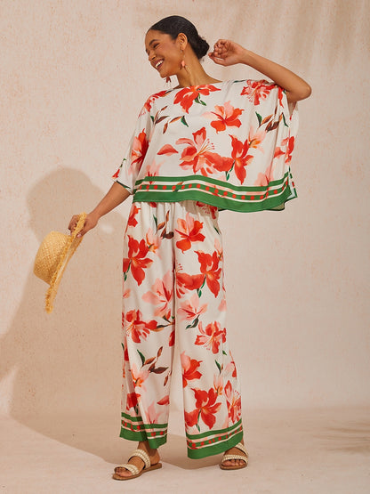 Summer Night Palm Silky Satin Dolman Sleeve Batwing Top