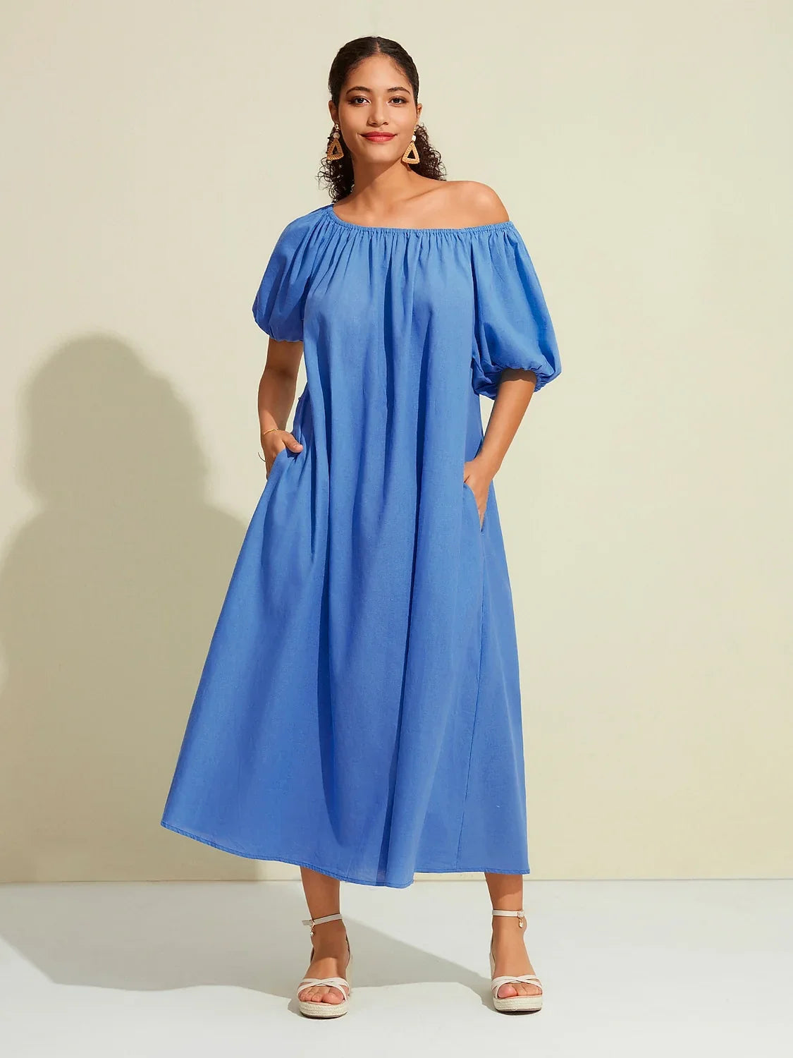 Cotton Resort Loose Fit Off-Shoulder Puff Maxi Dress