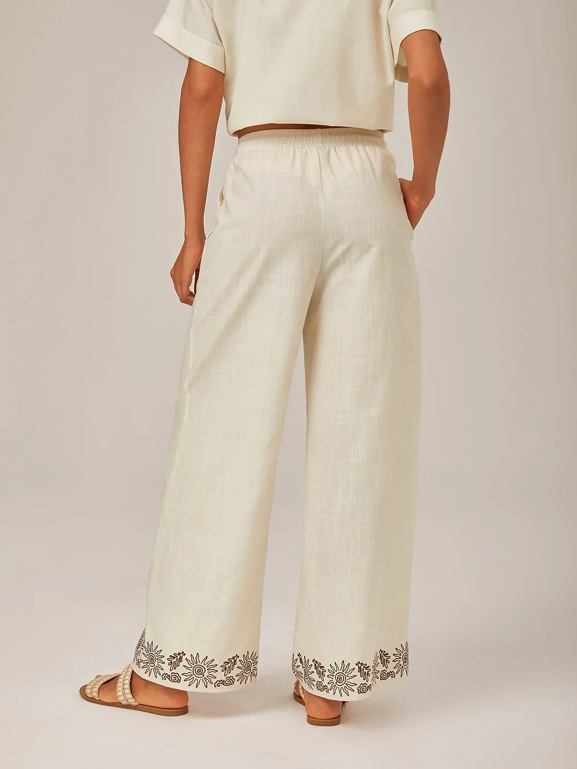 Linen Print Wide-Leg Pants