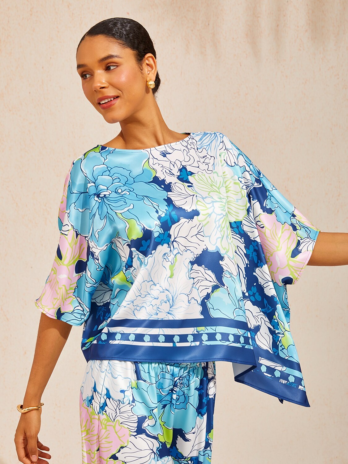 Pastel Wash Peony  Silky Satin batwing Top