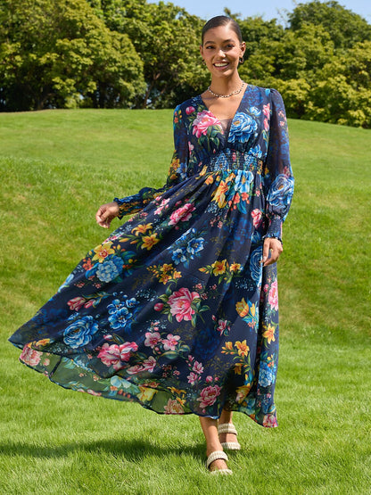 Sapphire Rose Garden Flowy Chiffon Maxi Dress