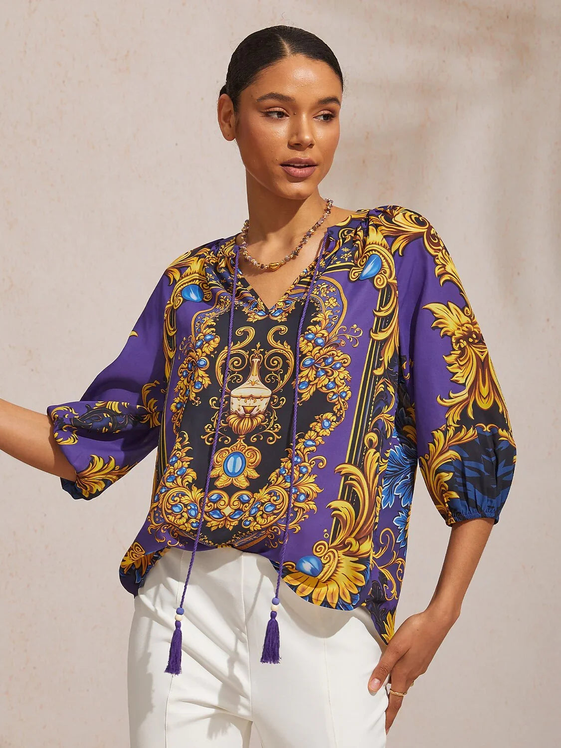 Midnight Baroque Chiffon 3 4 Sleeves Blouse