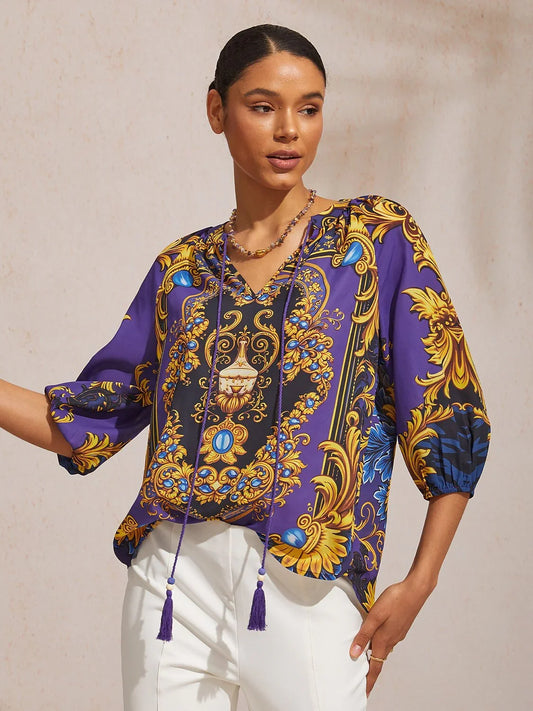 Midnight Blue Baroque Chiffon 3/4 Sleeves Top