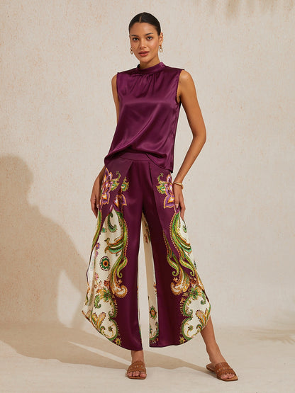 Burgundy Paisley Silky Satin Slit Wide Leg Pants