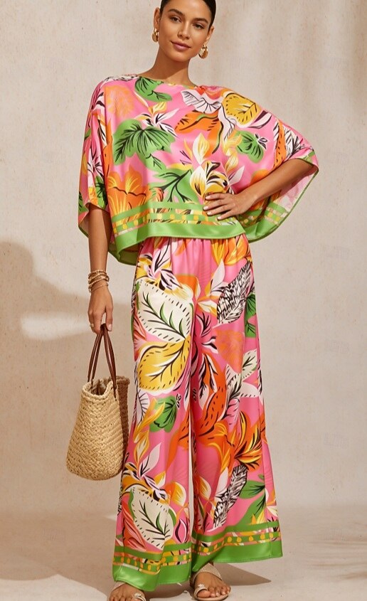 Azure Leaves Silky Satin Wide Leg Pants