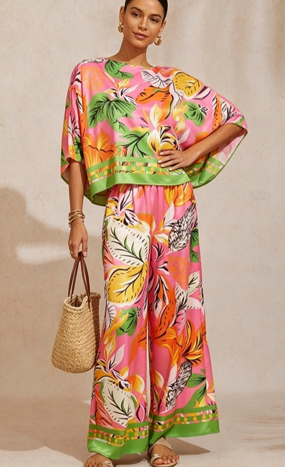 Summer Night Palm Silky Satin Wide Leg Pants