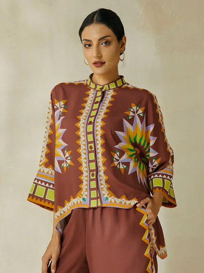 Brown Bohemian Geometric Graphic Satin Shirt