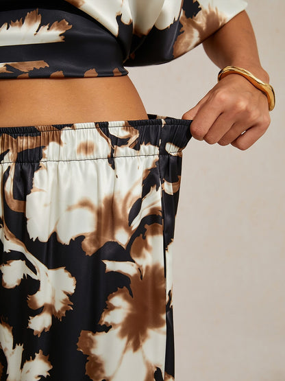 Sepia Noir Bloom Silky Satin Wide Leg Pants
