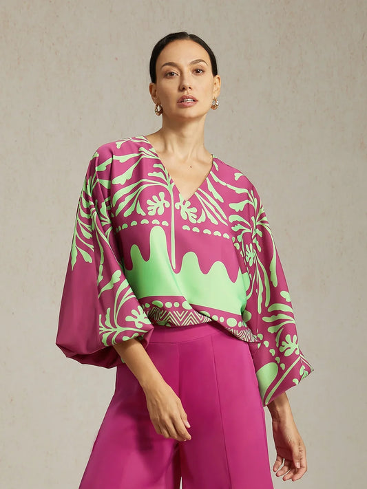 Vivid Fuchsia Print Satin Lantern Top