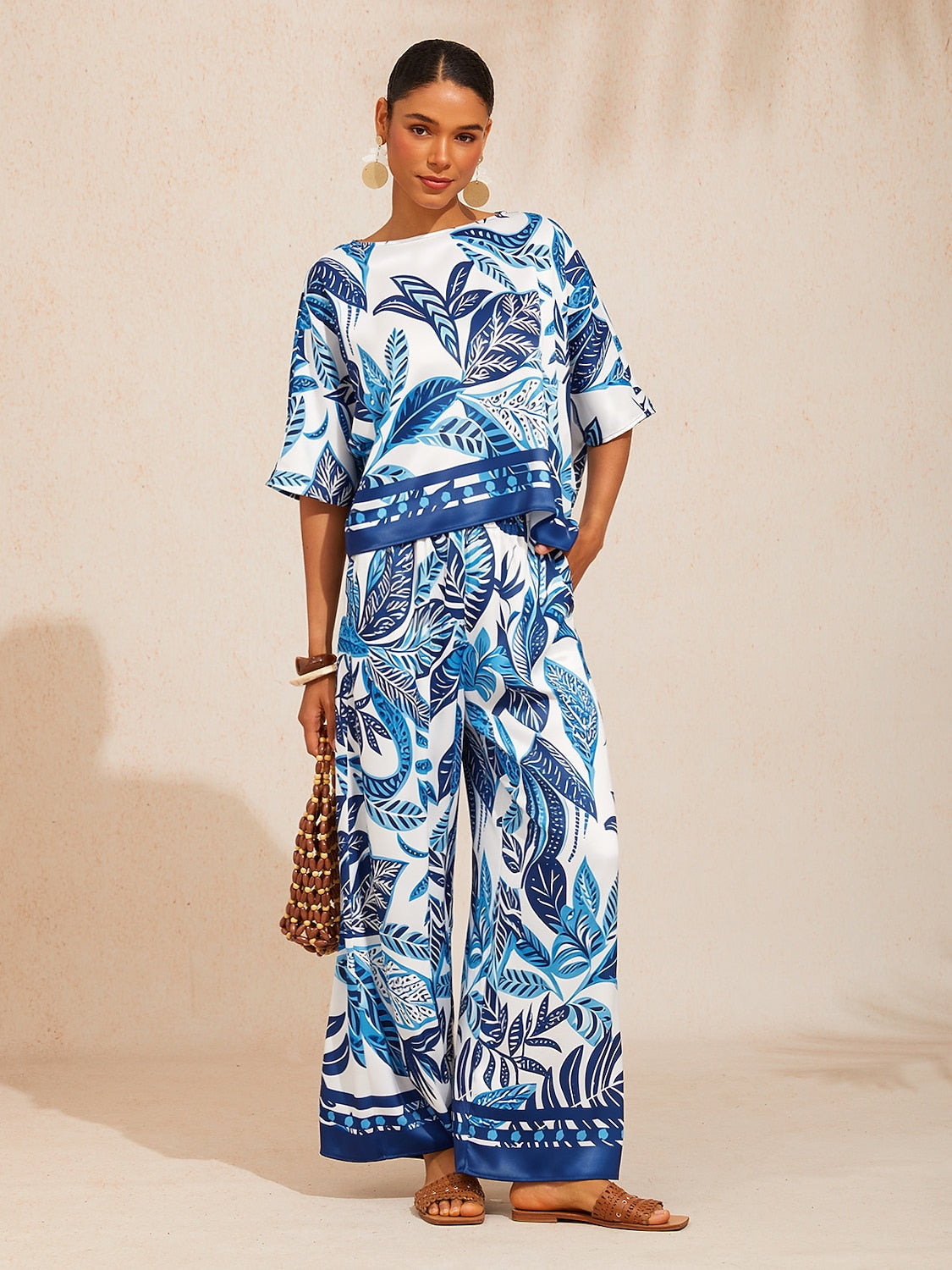 Azure Leaves Silky Satin Wide Leg Pants