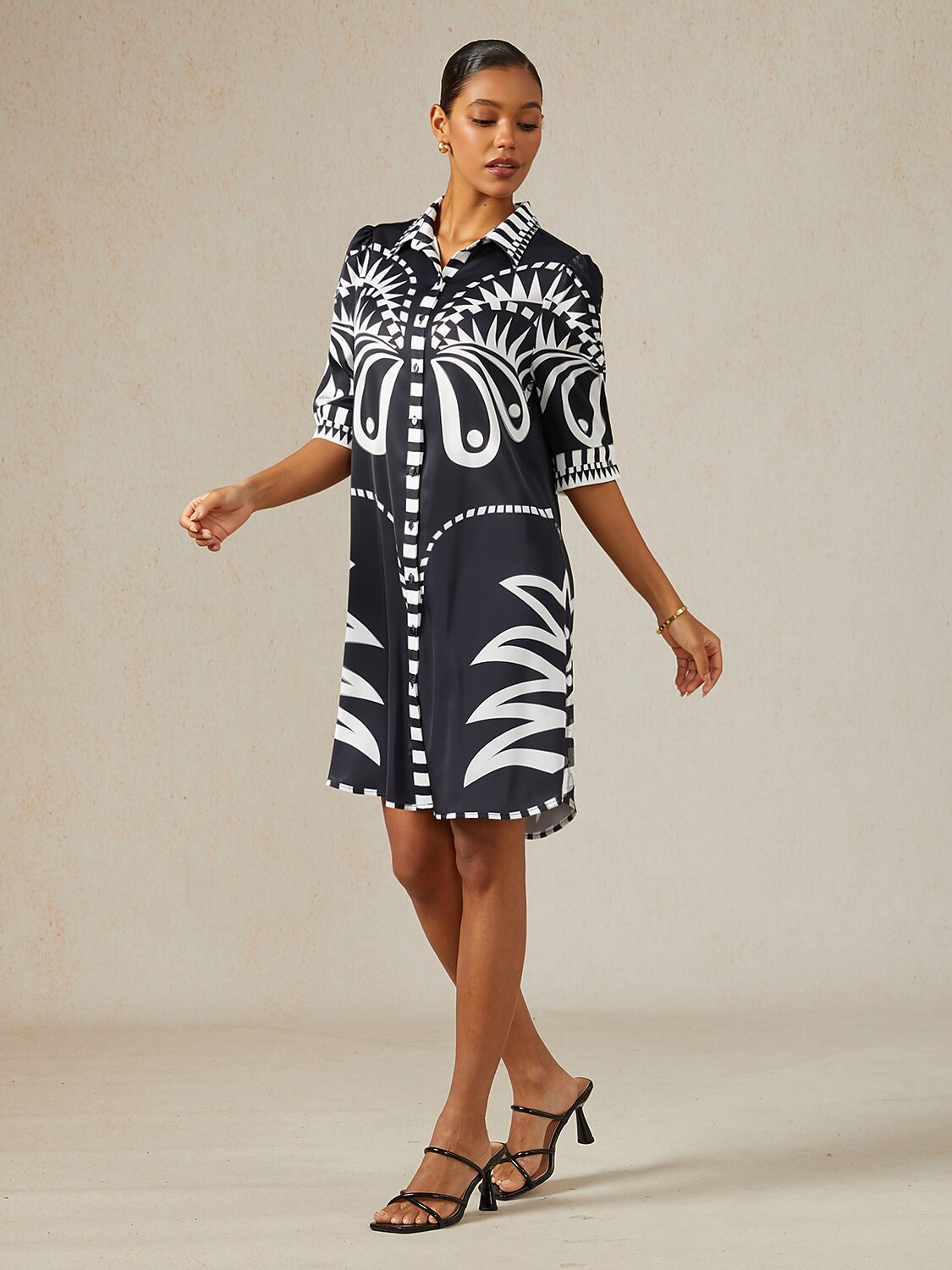 Noir Geometry Silky Satin Shirt Dress