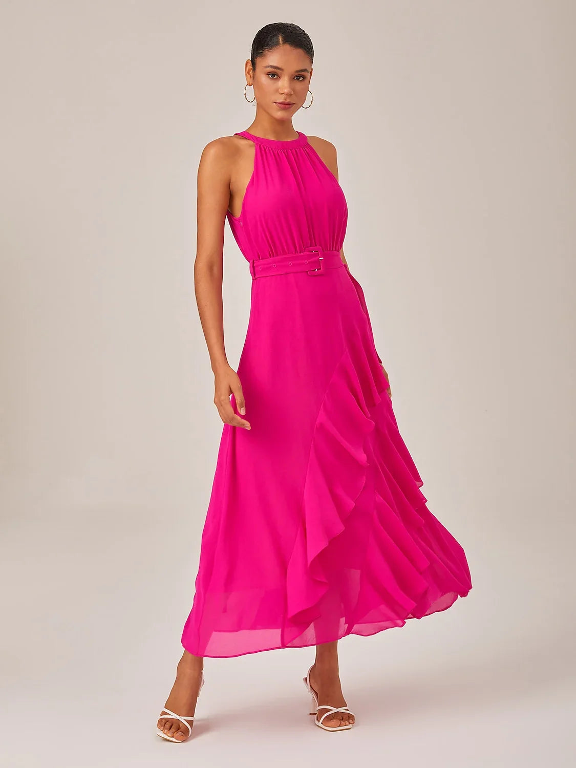 Chiffon Solid Color Ruffle Mismatched Dress