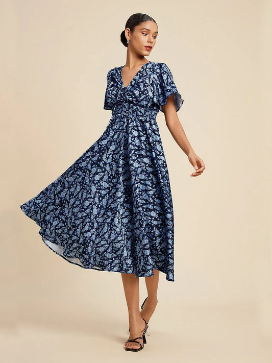Satin Floral Print Smocked Waist Midi Dress