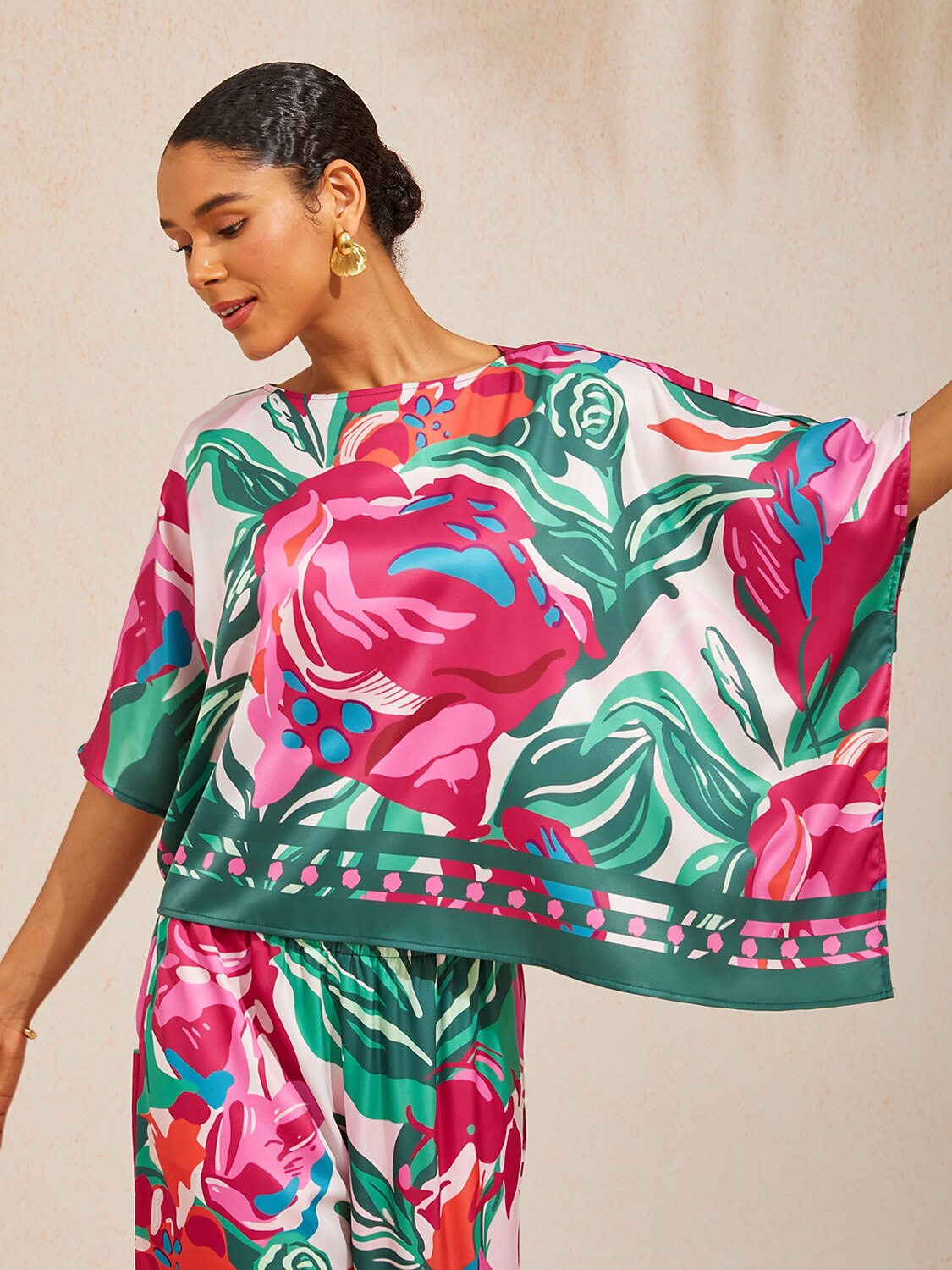 Fiery Pink Rose Silky Satin Dolman Sleeve Top
