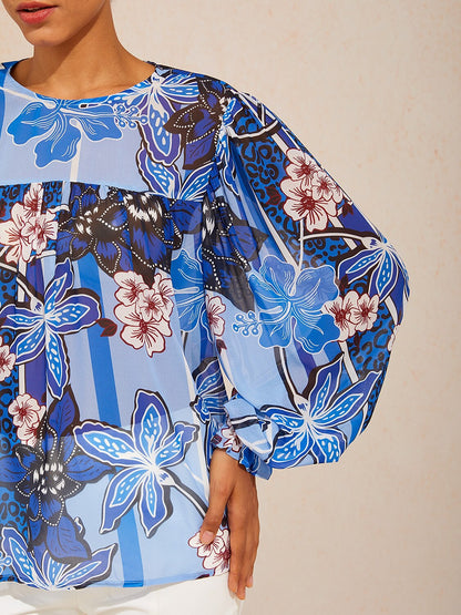 Azure Bloom Flowy Chiffon Blouse
