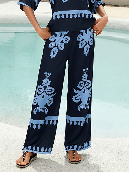 Ethnic Geometric Print Silky Satin Wide Leg Pants