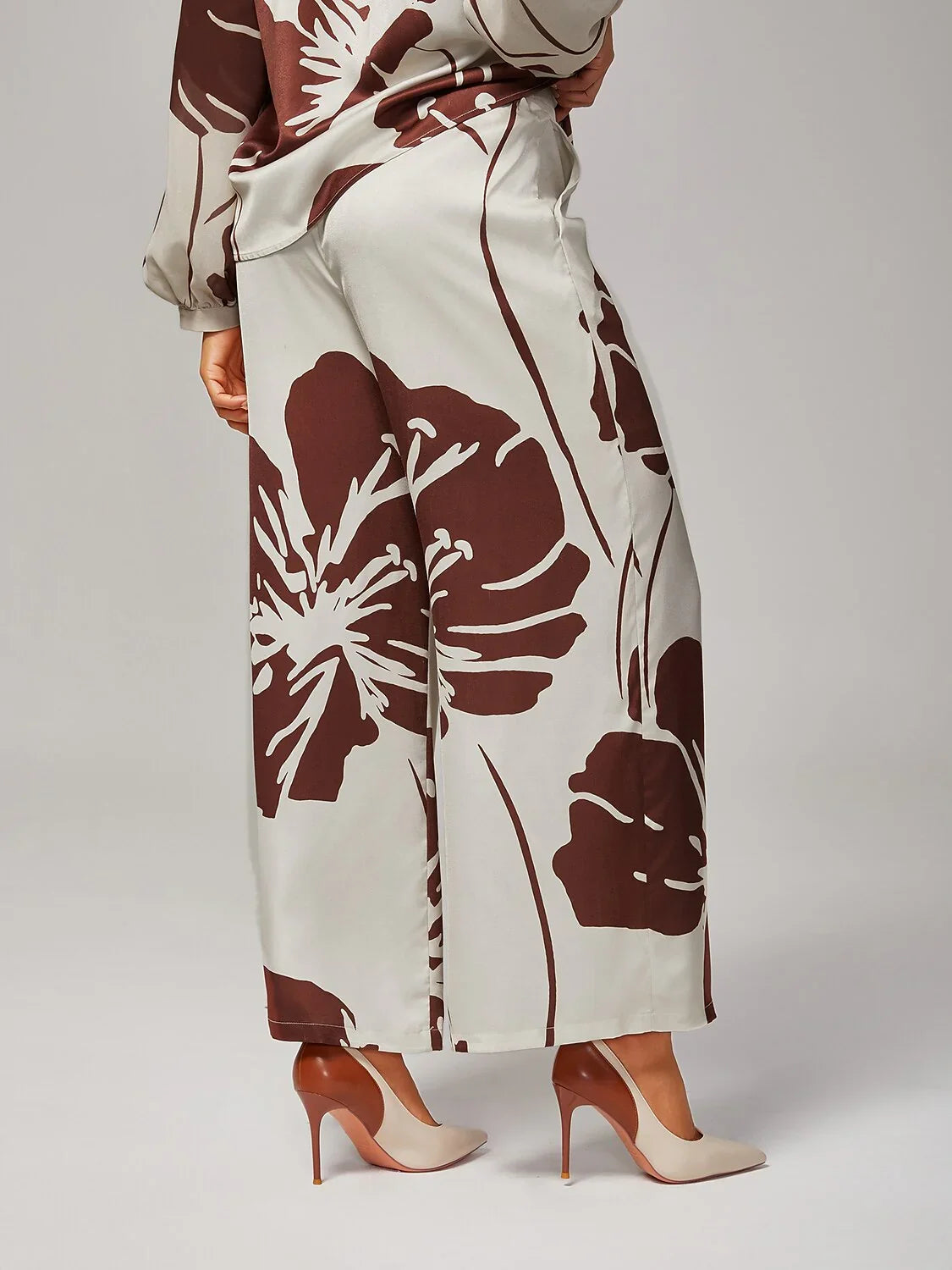 Abstract Floral Elastic Waist Wide-Leg Satin Pants