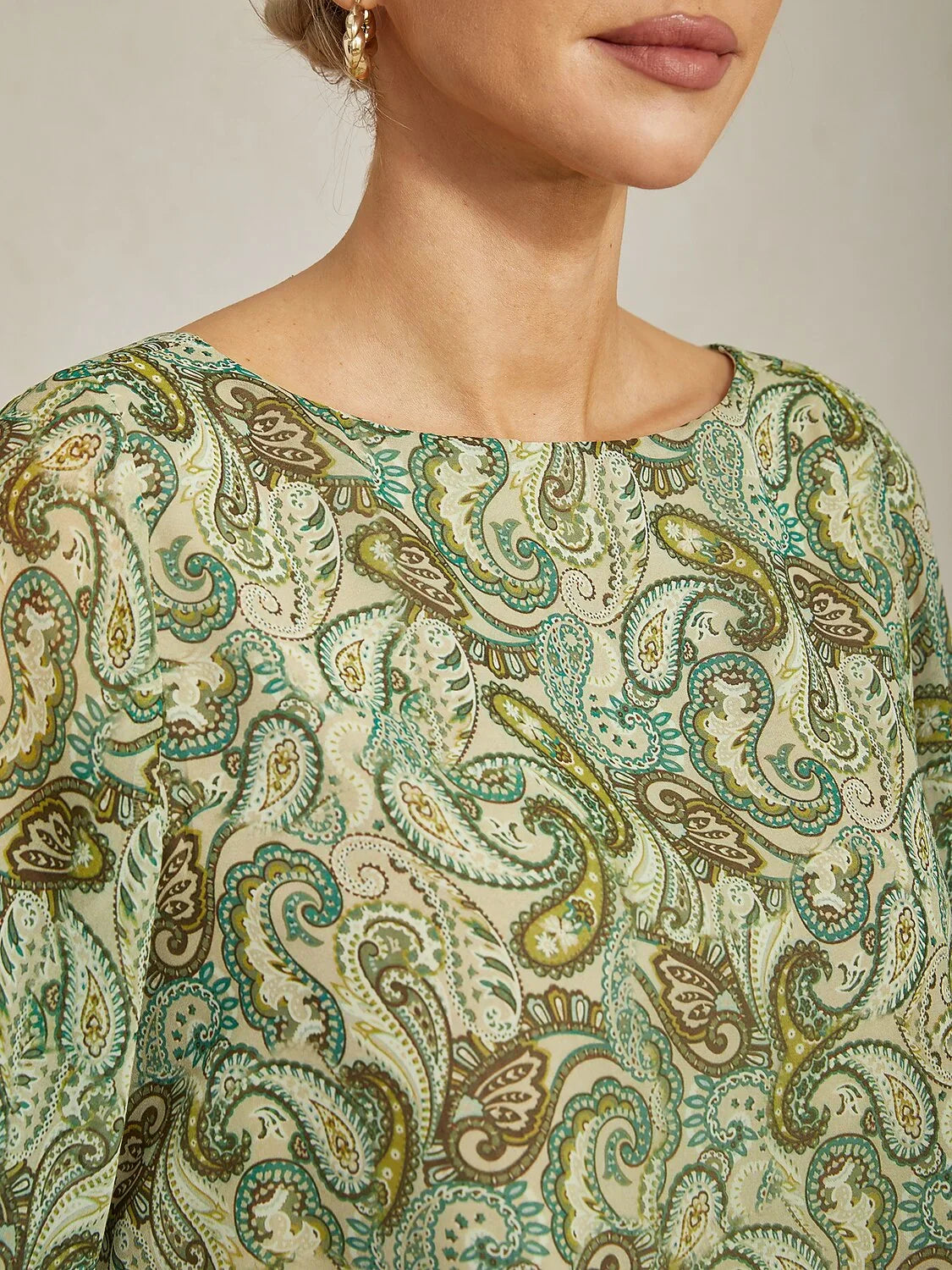 Chiffon Green Paisley Floral Loose Fit Round Boat Blouse