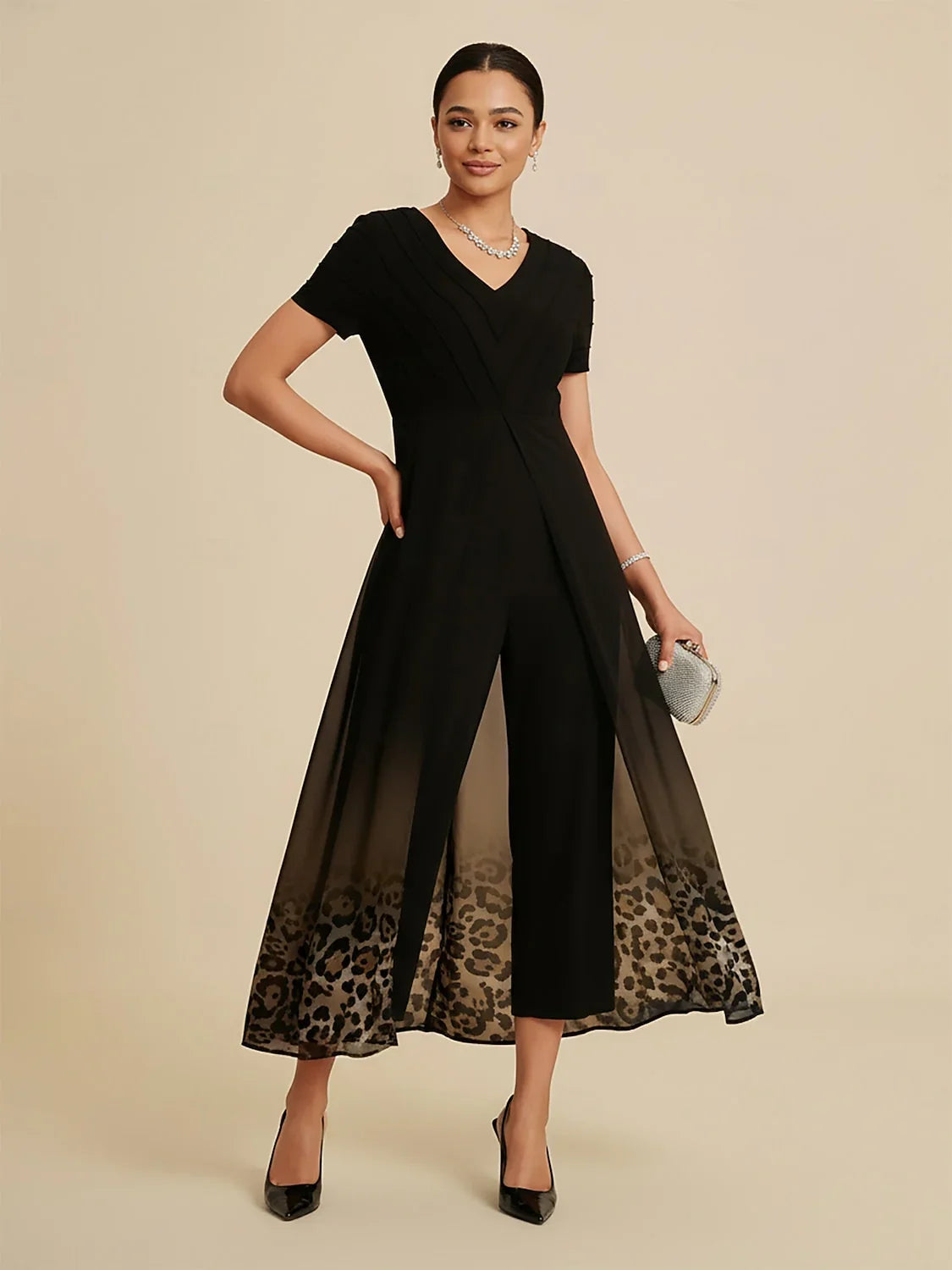 Paneled Design Faux Flowy Sheer Stretch Fabric Jumpsuit