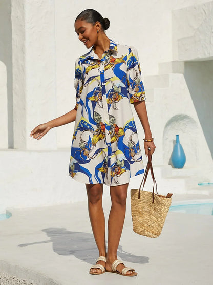 Mallorca Blossom Silky Satin Straight Shirt Dress