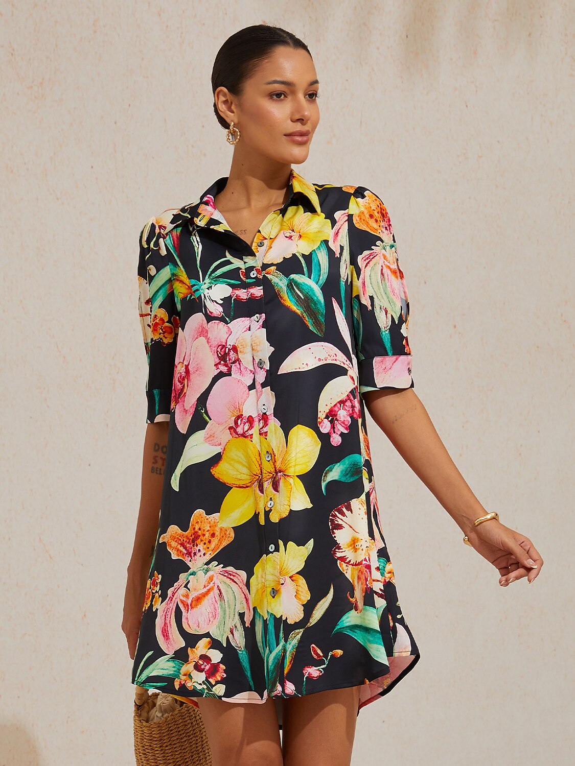 Midnight Floral Carnival Silky Satin Shirt Dress