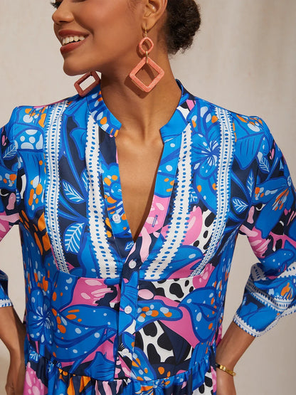 Abstract Azure Silky Satin Dot Maxi Dress