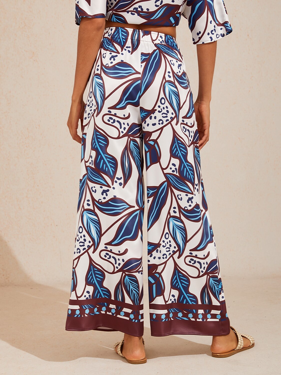 Abstract Azure Silky Satin Wide Leg Pants