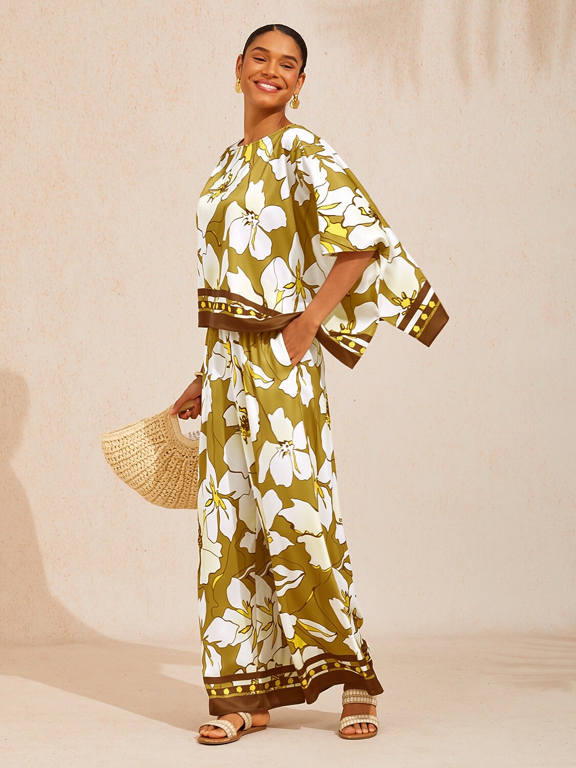 Golden Petal Glow Silky Satin Batwing Top