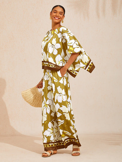 Golden Petal Glow Silky Satin Batwing Top