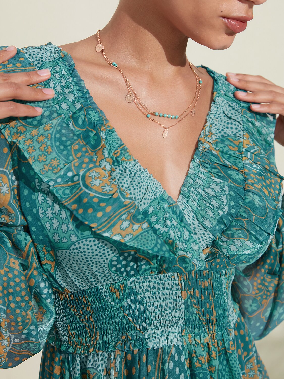 Floral Chiffon Tropical Flowers Puff  Sleeve Maxi Dress