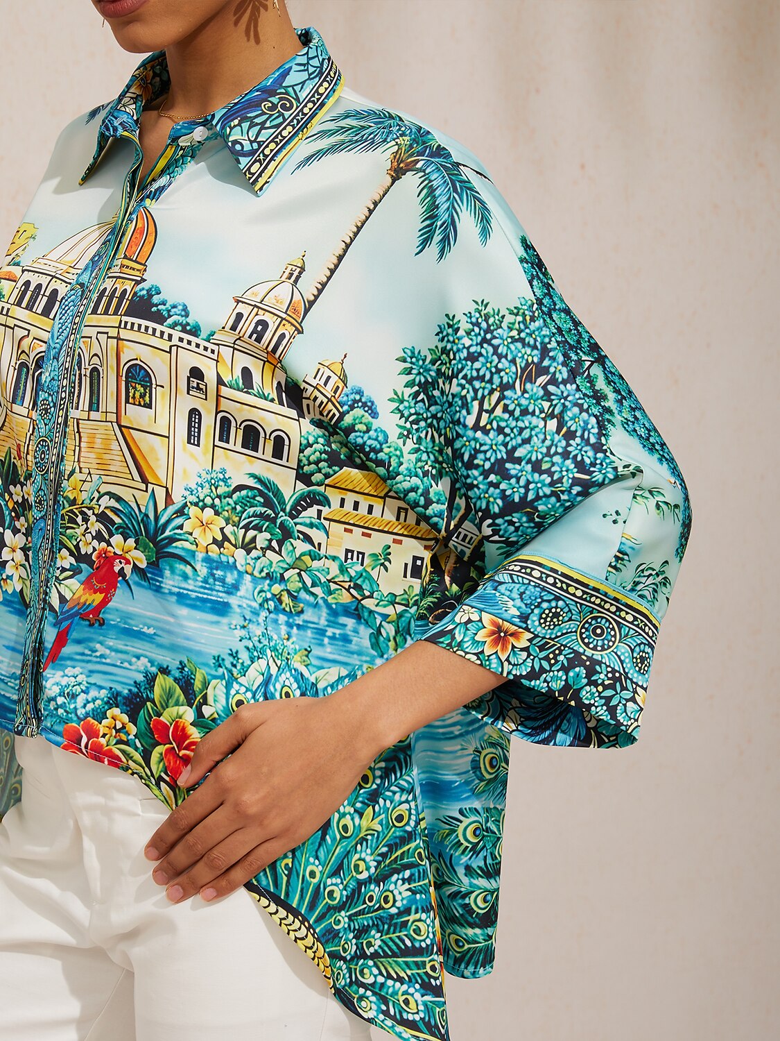 Pastel Floral Garden Satin Dolman Sleeve Button Down Shirt