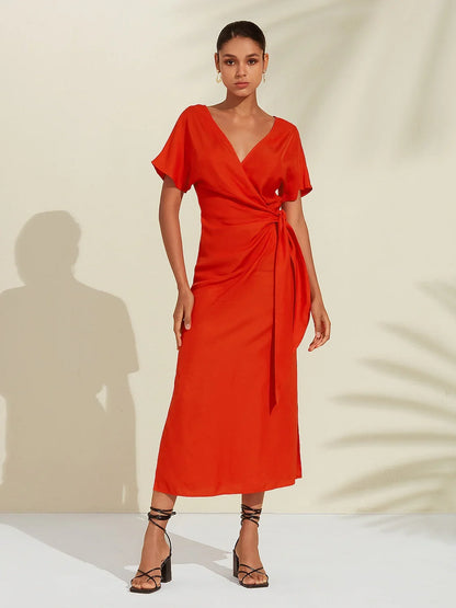 Tencel Linen Shirred Wrap Midi Dress
