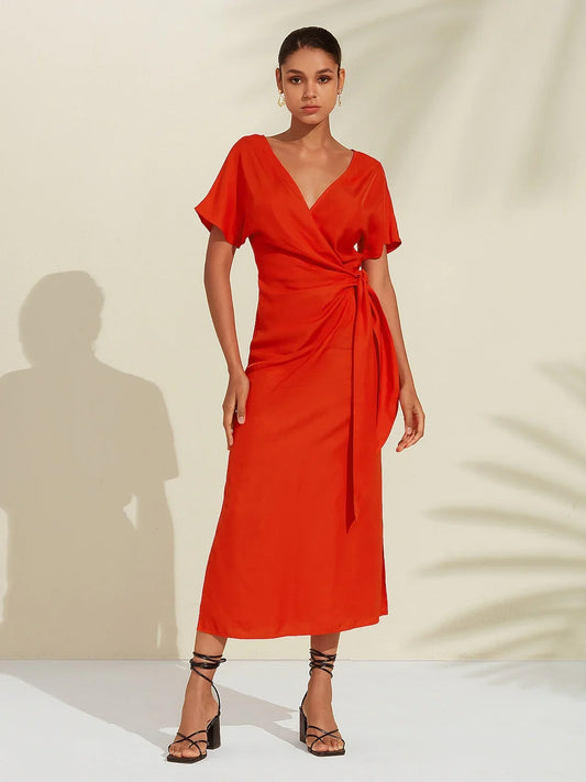 Tencel Linen Shirred Wrap Midi Dress