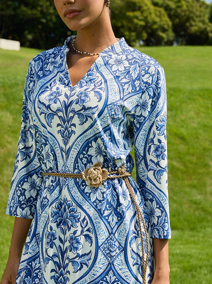 Azure Medallion Stretch Knit Midi Dress