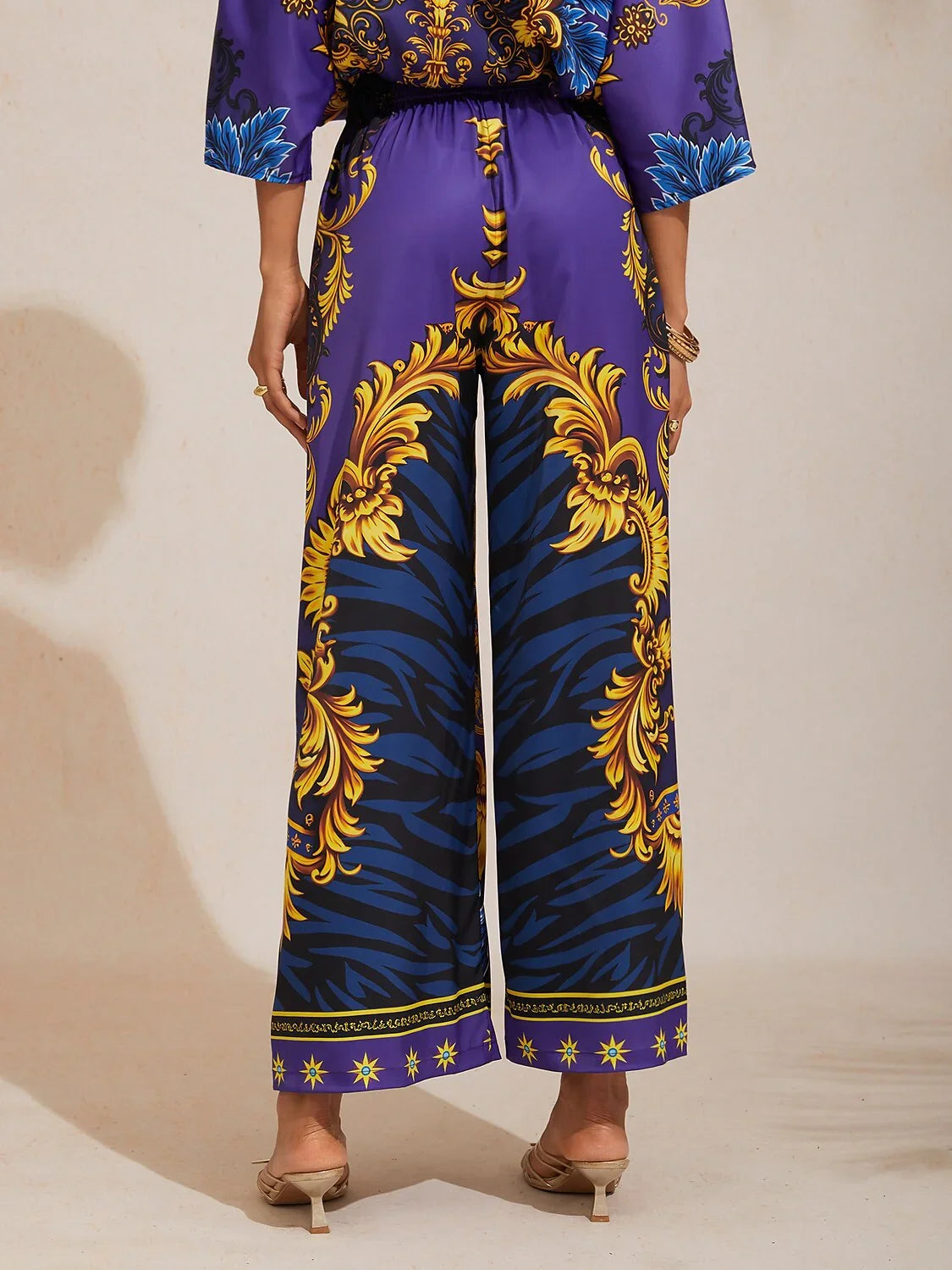Midnight Blue Baroque Satin Elastic Waist Straight Pants