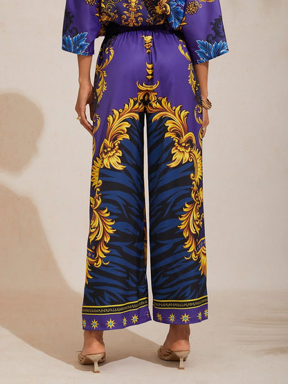 Midnight Blue Baroque Satin Elastic Waist Straight Pants