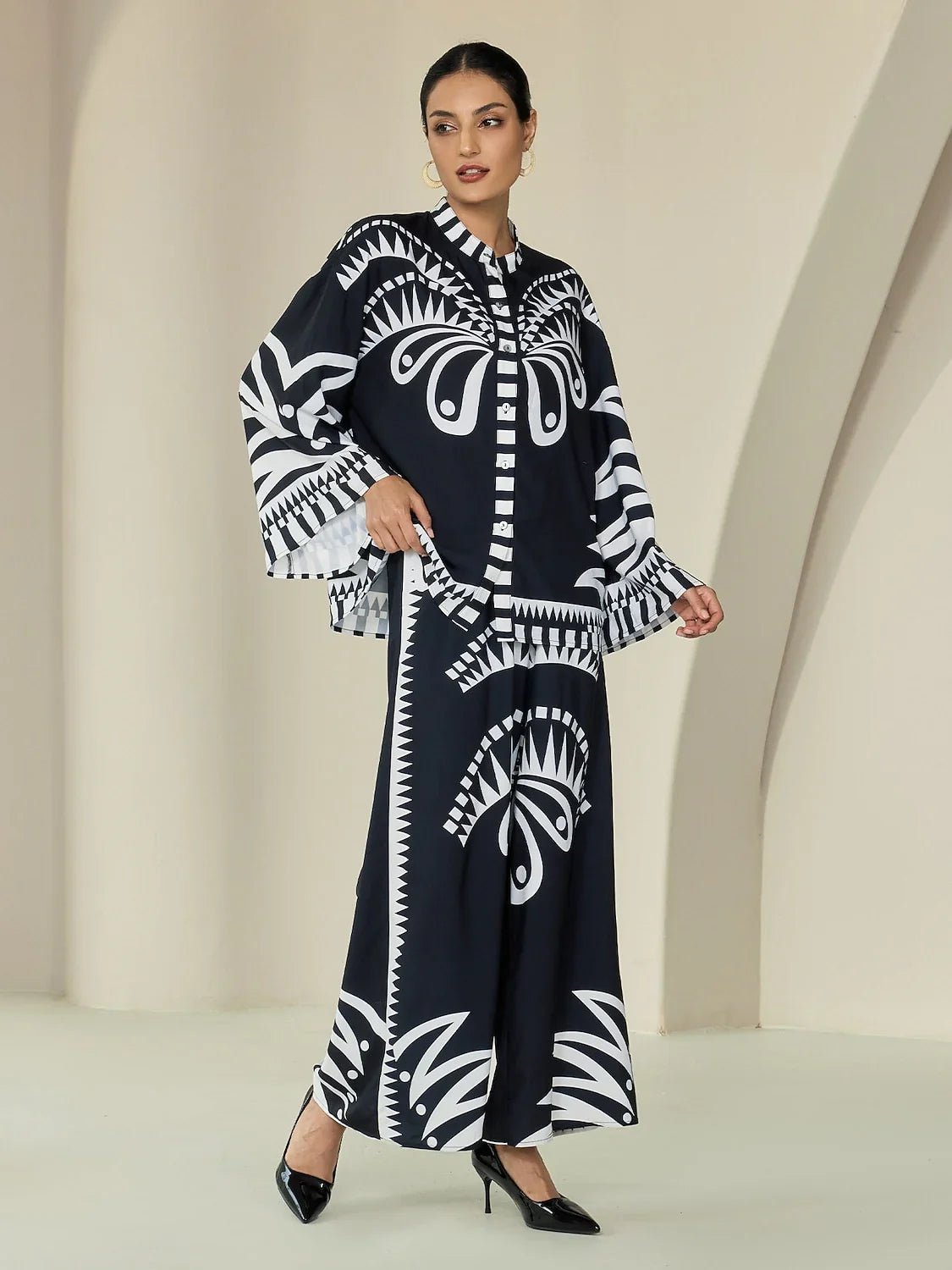 Black Satin Geometric Print Flare Cuff Blouse