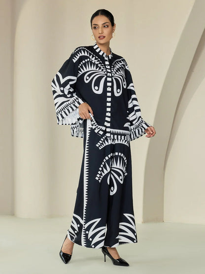 Black Satin Geometric Print Flare Cuff Blouse