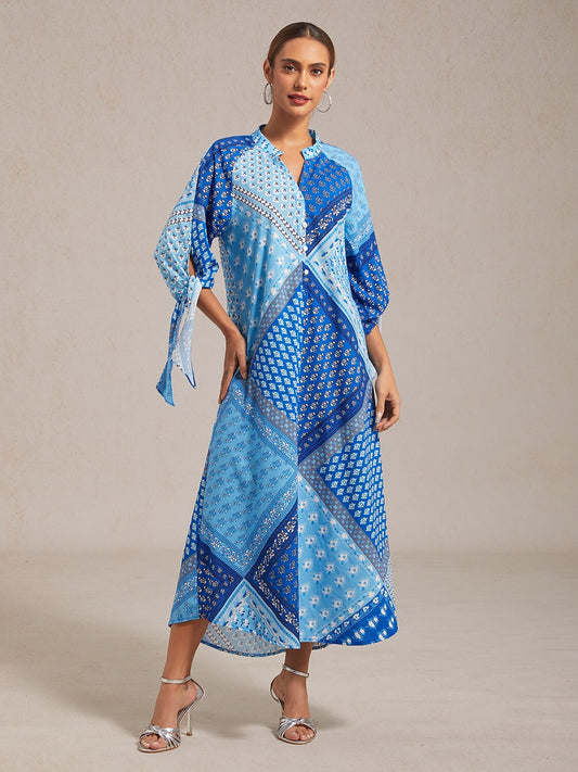 Geometric Floral Patchwork Print Stand Collar Maxi Dress