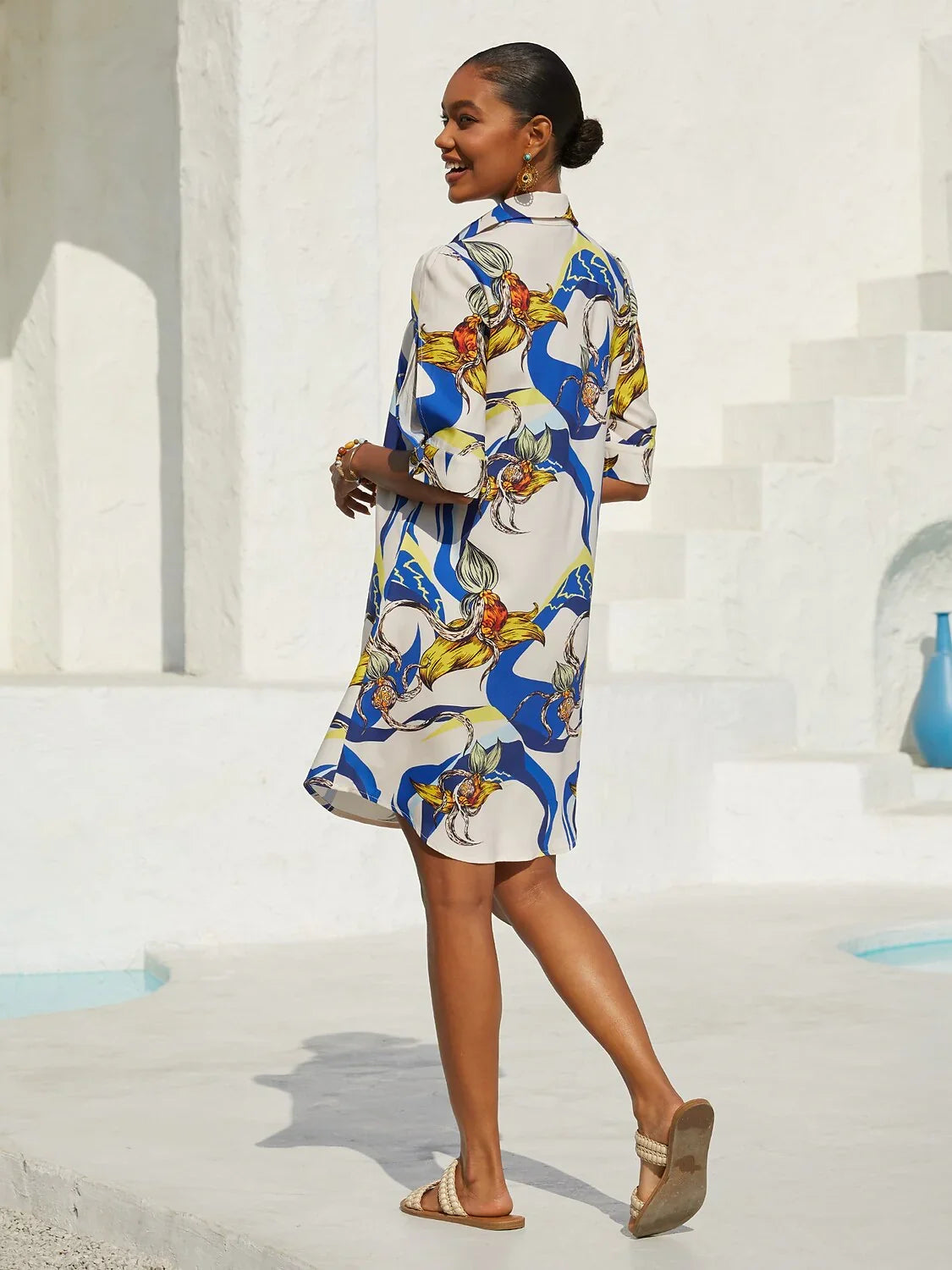 Mallorca Blossom Silky Satin Straight Shirt Dress
