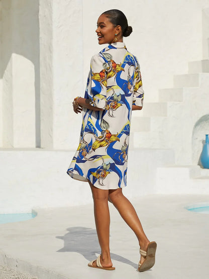 Mallorca Blossom Silky Satin Straight Shirt Dress