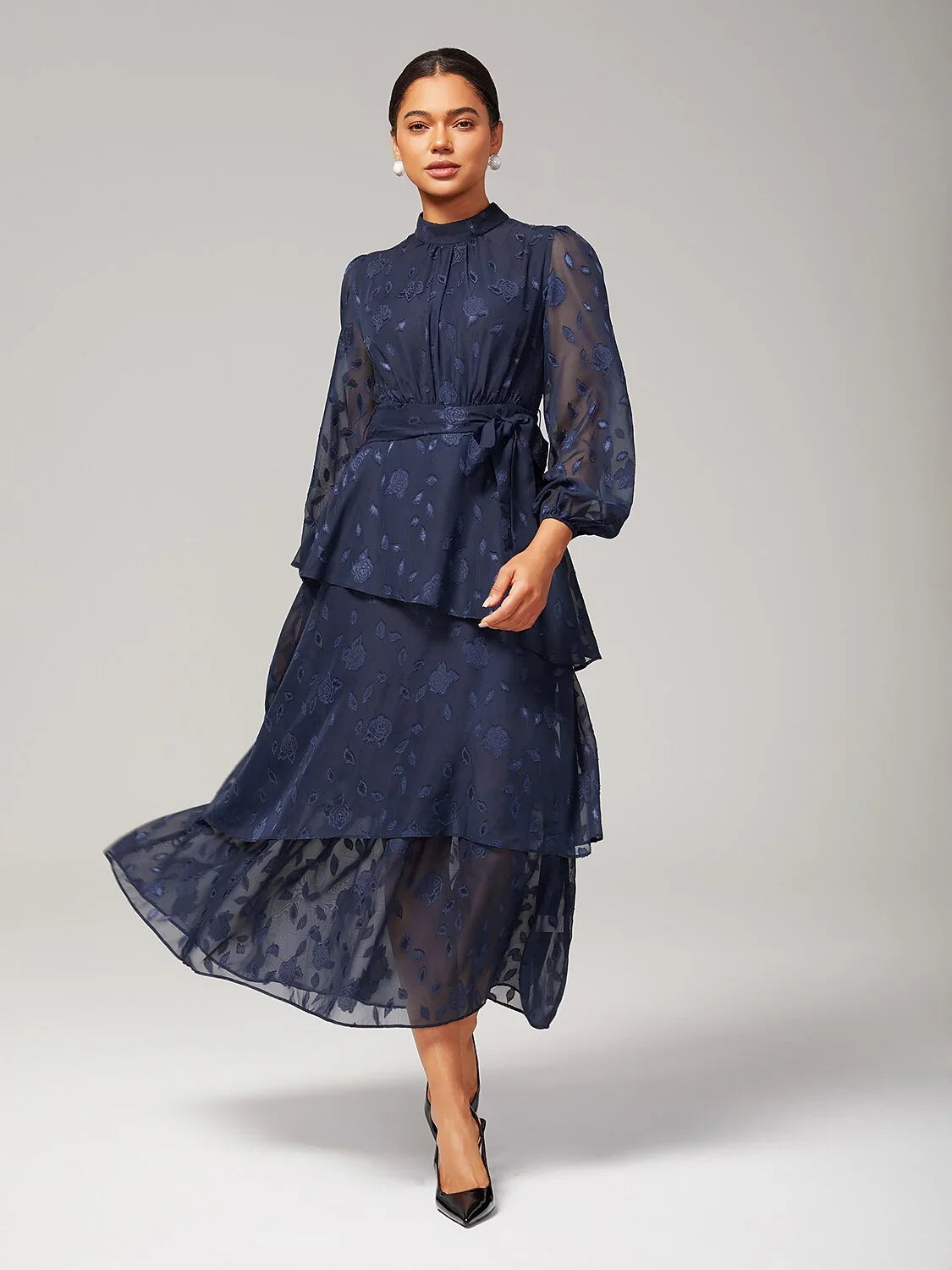 Elegant Floral Print High-Neck Maxi Chiffon Dress