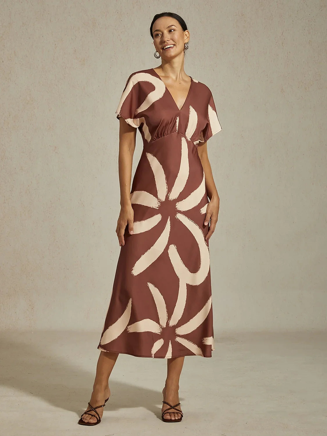 Abstract Floral Print Satin Maxi Dress