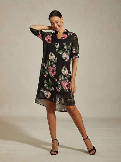 Chiffon Black Floral Print Shirt Mini Dress