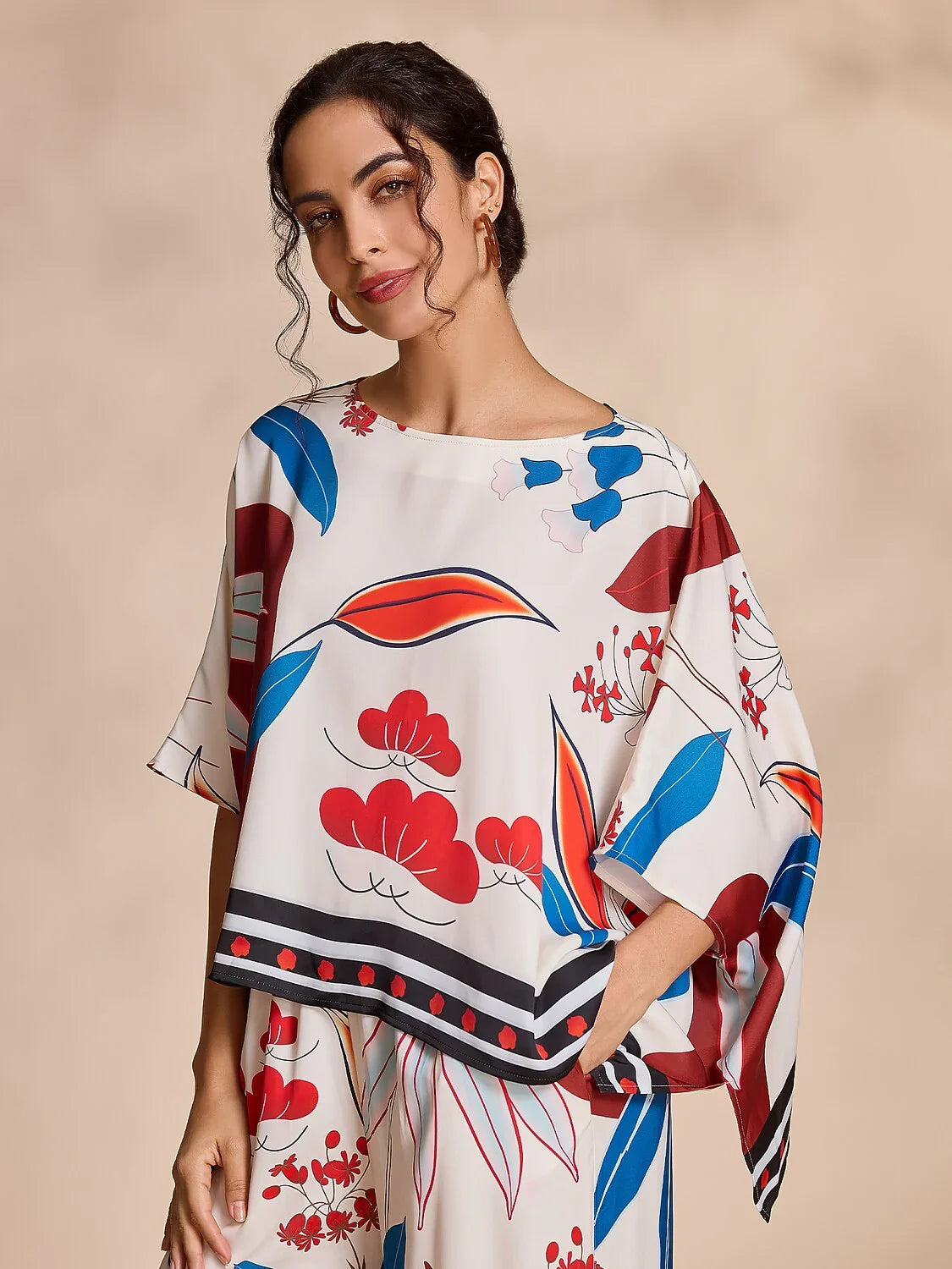 Satin Bateau Irregular Hem Magyar Sleeve Blouse