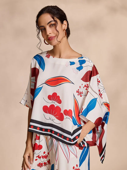 Satin Bateau Irregular Hem Magyar Sleeve Blouse