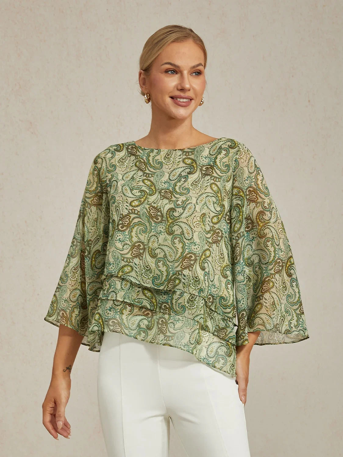 Chiffon Green Paisley Floral Loose Fit Round Boat Blouse