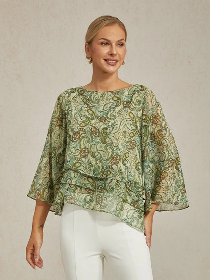 Chiffon Green Paisley Floral Loose Fit Round Boat Blouse