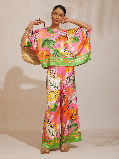 Wild Hibiscus Dream Silky Satin Dolman Sleeve Top