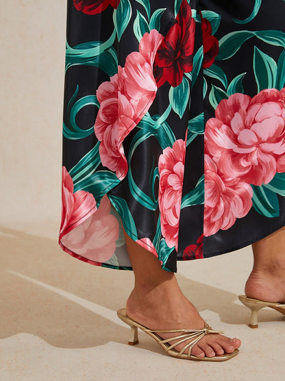 Emerald Rose Garden Silky Satin Slit Wide Leg Pants